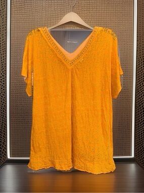 RXB Women’s Mustard Yellow V-Neck Gold Embelished Trim Tunic-L-EC